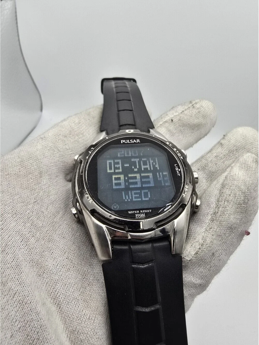 Pulsar Tech Gear Quartz Digital Watch SS Case Black Rubber Strap Alarm 100m